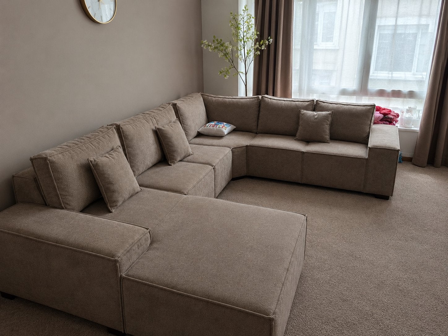 Grote U-vormige hoekzetel taupe/beige, 3,5m x 2,80m, Ophalen, Zo goed als nieuw, Stof