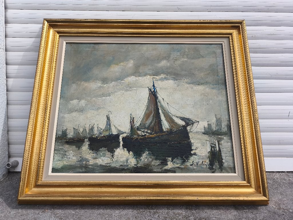 Huile sur toile marine signe Gustave helinck, Antiquités & Art, Enlèvement ou Envoi, Toile