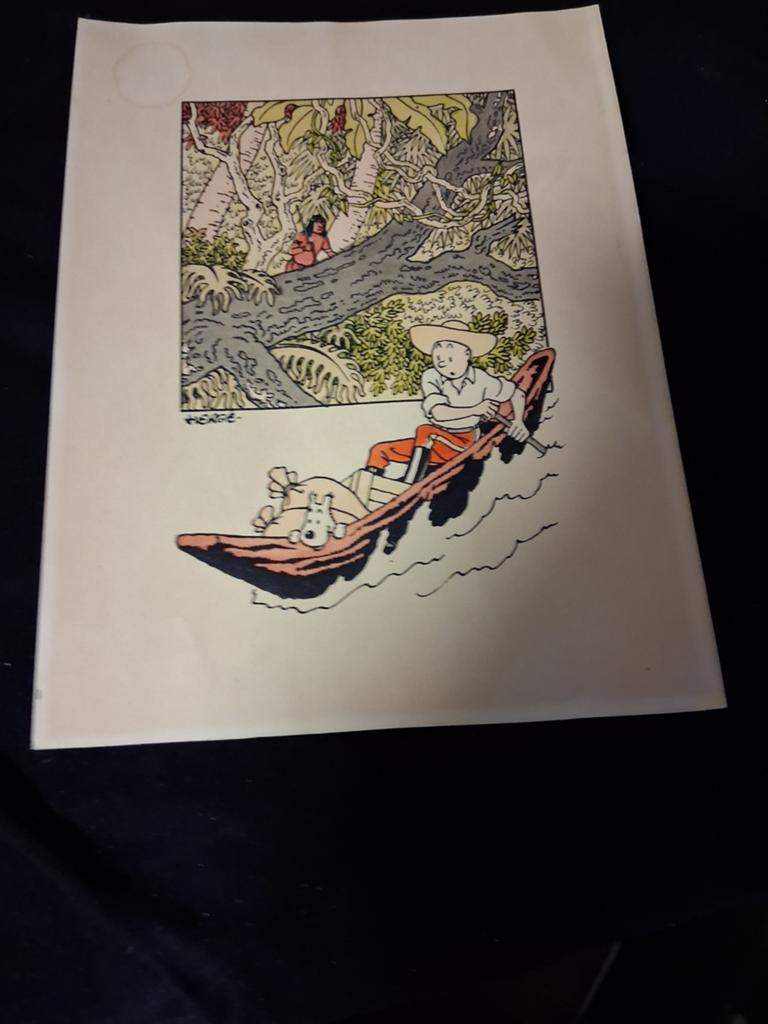 2 dessins de Herge: Tintin en pirogue et Duponds dans desert, Enlèvement ou Envoi, Rectangulaire horizontal, Comme neuf, Cinéma et TV