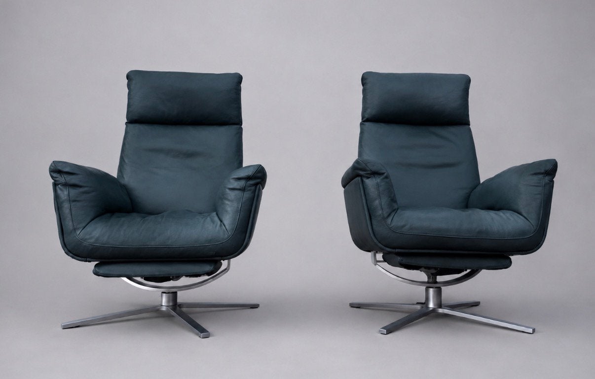 2x FSM Shelby fauteuils – Petrol leder, Ophalen, Zo goed als nieuw, Leer, FSM DeSede Swiss High-end Design
