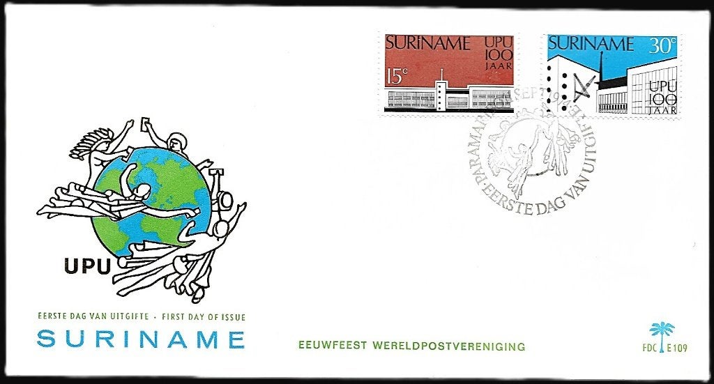 1974 - SURINAME - FDC 100 ans de l'UPU, Timbres & Monnaies, Timbres | Surinam, Envoi, Non oblitéré