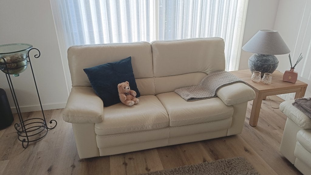 Lederen salon Beige, Huis en Inrichting, Ophalen, Gebruikt, Leer, Rechte bank