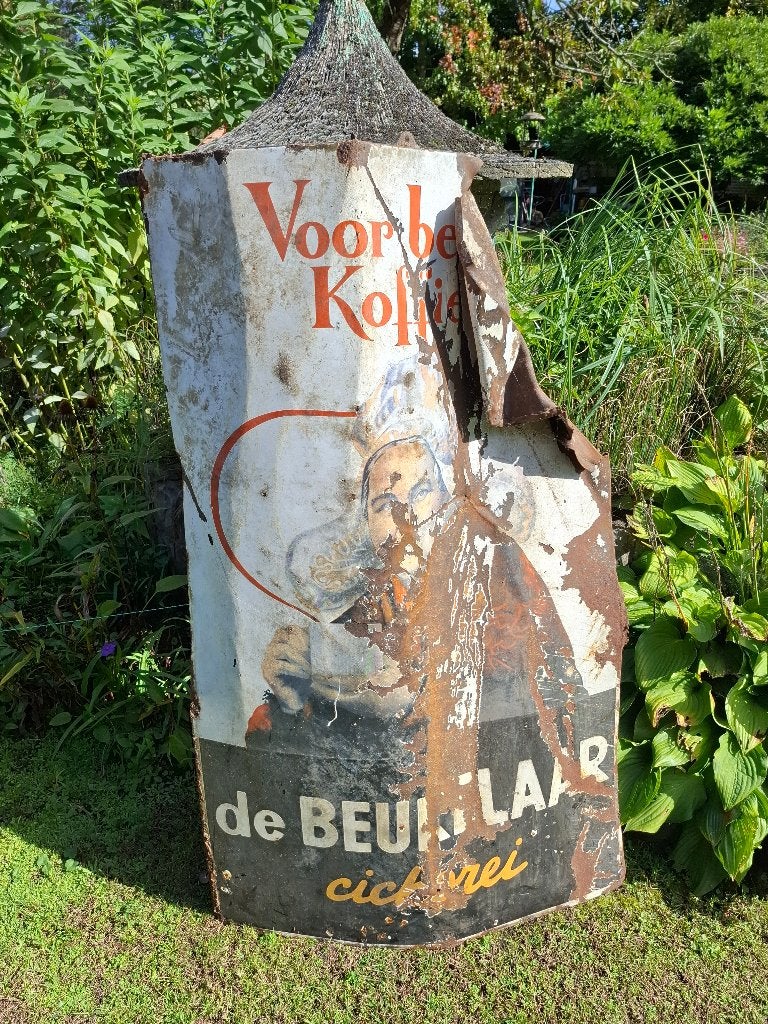 Groot beschadigd email bord van De Beukelaar cichorei., Ophalen