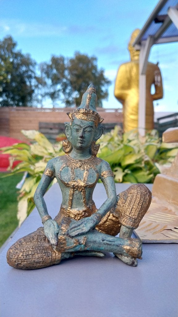 Oude Tempelwachter Thailand,Muziekant,brons Boeddha,Buddha,,, Huis en Inrichting, Woonaccessoires | Boeddhabeelden, Gebruikt, 15 cm