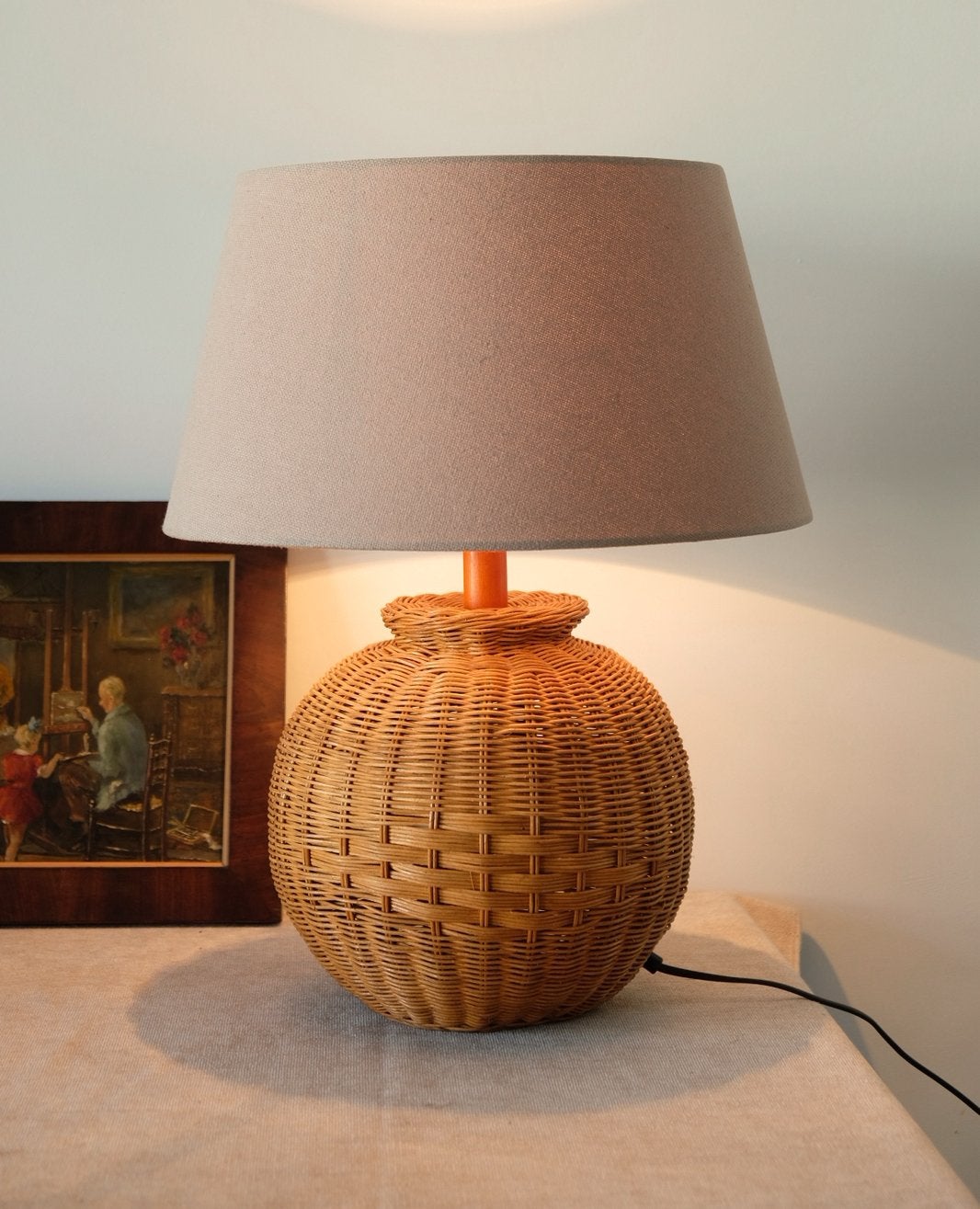 Vintage rotan tafellamp, Enlèvement, Comme neuf, 52 cm, Vintage
