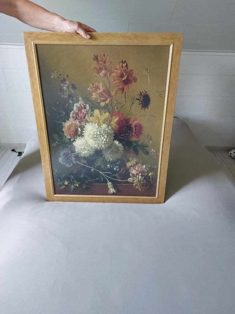 Grote poster met zwaar houten kader en glas met bloemen ., Antiek en Kunst, Ophalen
