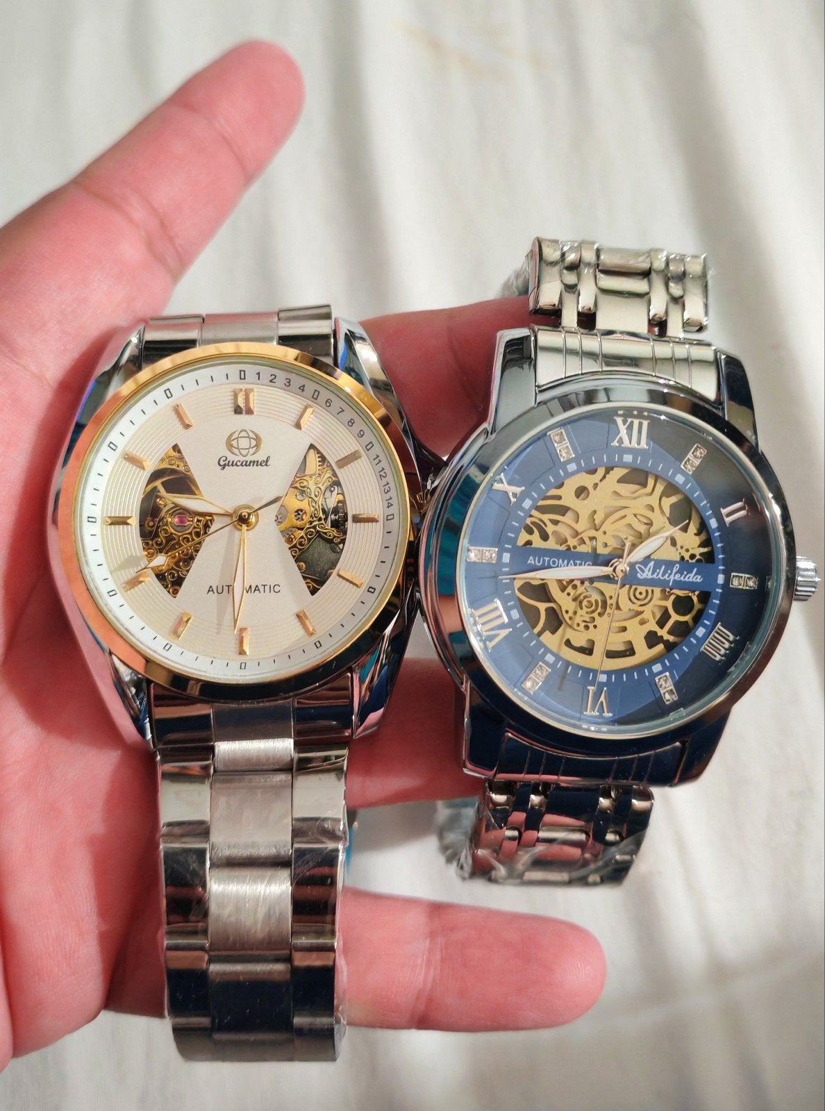 Lot de 2 Montres Automatiques Squelette Homme, Handtassen en Accessoires, Verzenden, Conditie, Nieuw, Blauw