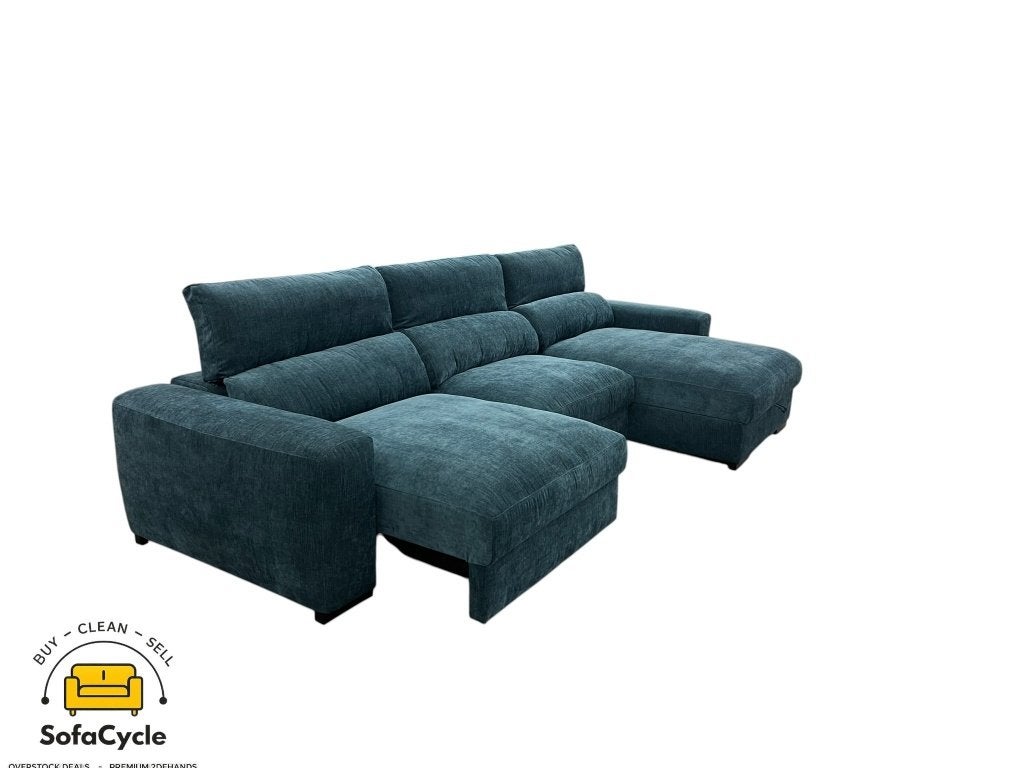 Hoekzetel blauw met slaapfunctie, opbergbox, rechts – nieuw, Gebruikt, Stof, Zonnestraat 223-229, 9600 Ronse, België, Info@sofacycle.be