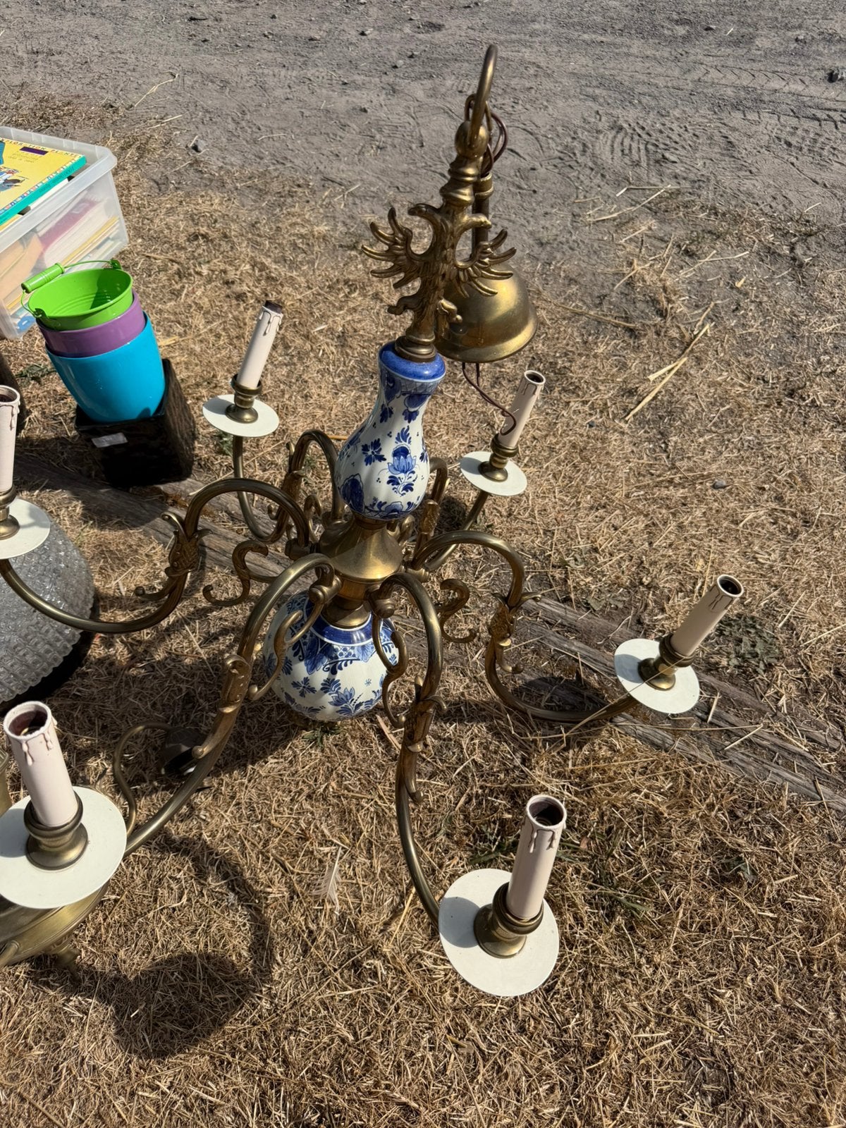 Lustre hollandais faïence bleue de Delft – 6 branches, Ophalen, Zo goed als nieuw