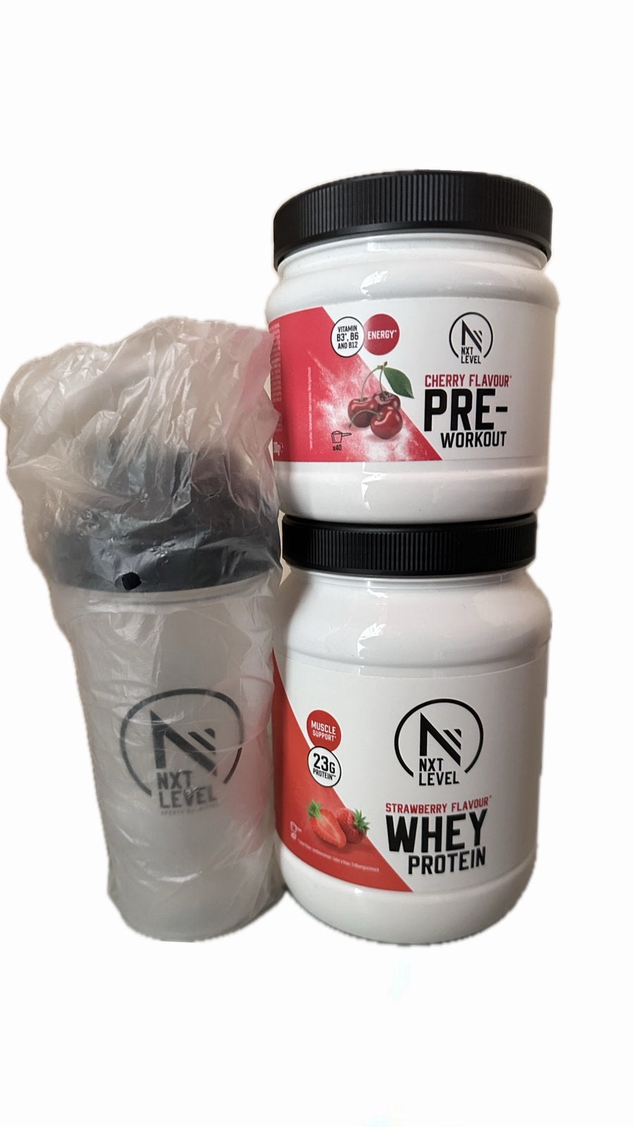 Lot fitness NXT Level – Whey + Pre-Workout + Shaker (neufs), Ophalen of Verzenden, Zo goed als nieuw