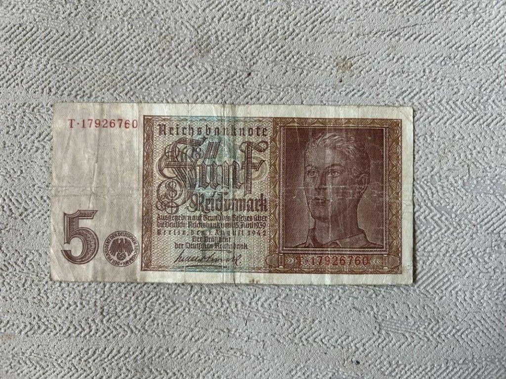 wo2 - Duits bankbiljet bankbriefje van 5 Reichsmark - 1942, Enlèvement ou Envoi, Belgique, Billets en vrac