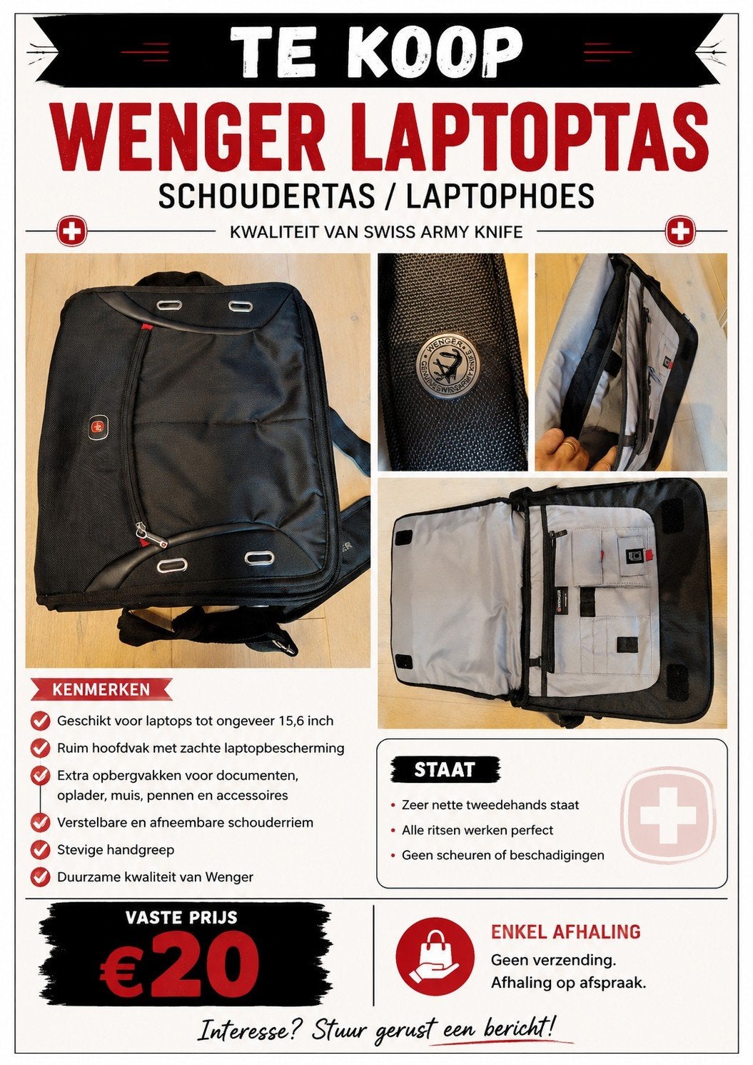 Wenger Laptop-/Schoudertas – Zwart – Zeer nette staat, Computers en Software, Laptop-opladers, Ophalen