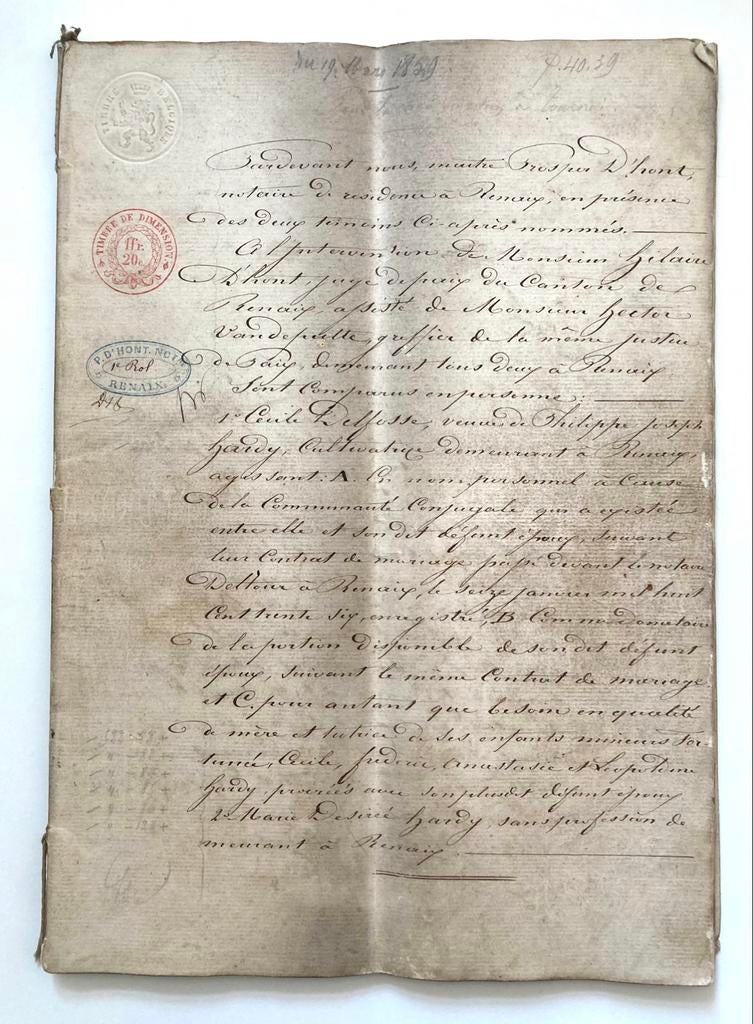 Handgeschreven notariële akte Ronse 1859 - familie Hardy, Enlèvement ou Envoi