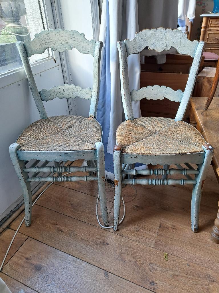 Paire de chaises rustique, assise en paille, patine bleue, Antiquités & Art, Enlèvement