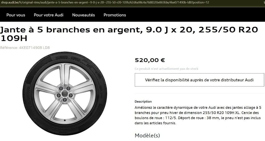 Jantes 20" Audi d'origine, pneus hiver, Pneus et Jantes, Pneus hiver, Enlèvement ou Envoi, Utilisé