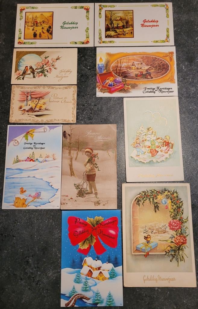 10 oude postkaarten/wenskaarten: Kerst/Nieuwjaar, Ophalen of Verzenden, 1960 tot 1980, Gelopen, Feest(dag)