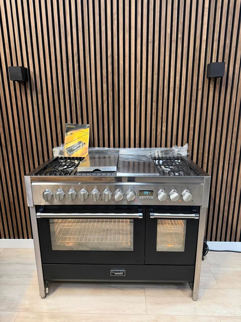 Luxe Rvs zwart Solitaire Fornuis 120 cm (Gratis bezorgen), Gebruikt, 60 cm of meer, Ophalen of Verzenden, Energieklasse A of zuiniger