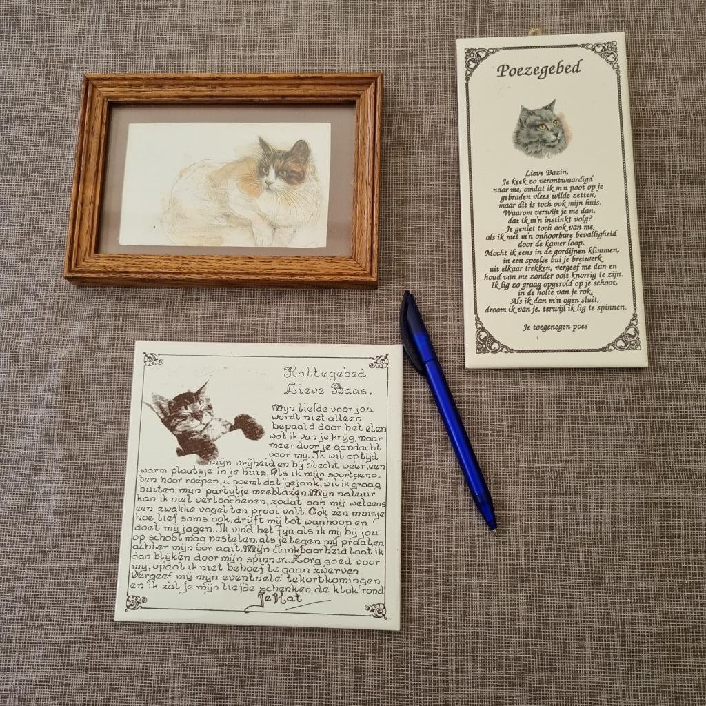 2 tegels met kattengedichten en 1 aquarel met kat, Ophalen of Verzenden