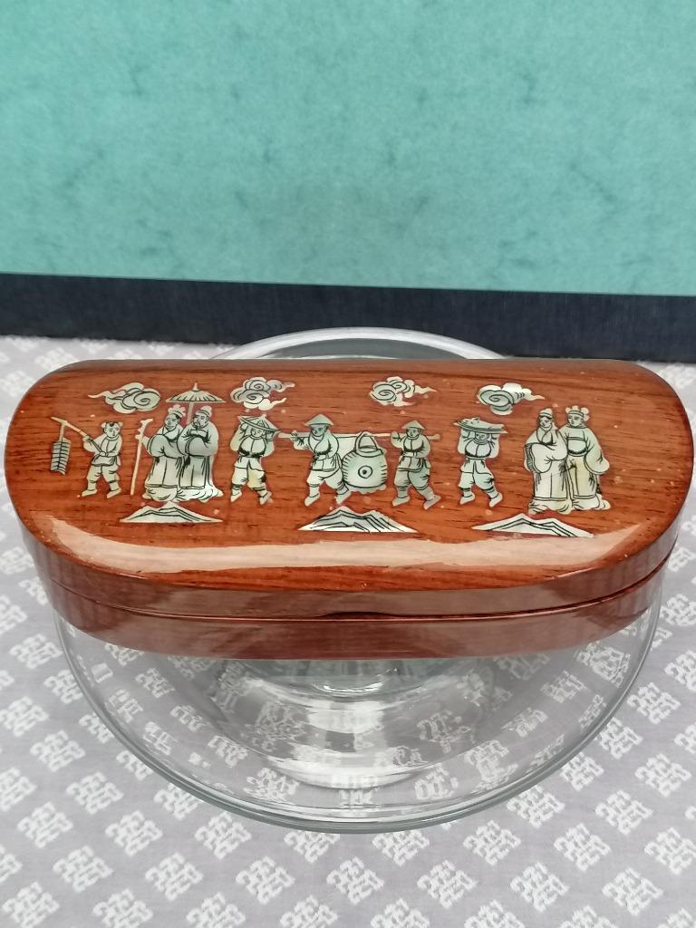 Vintage houten brillenkistje parelmoer inleg Chinees ambacht, Enlèvement ou Envoi