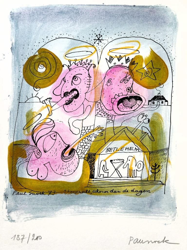 PAUL SNOEK - Kerstnacht - Lithografie - 27 x 36cm, Ophalen of Verzenden