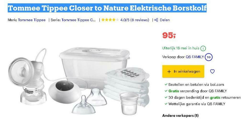 Tommee Tippee  - Closer to Nature Elektrische Borstkolf, Ophalen of Verzenden, Zo goed als nieuw, Overige typen, Overige merken