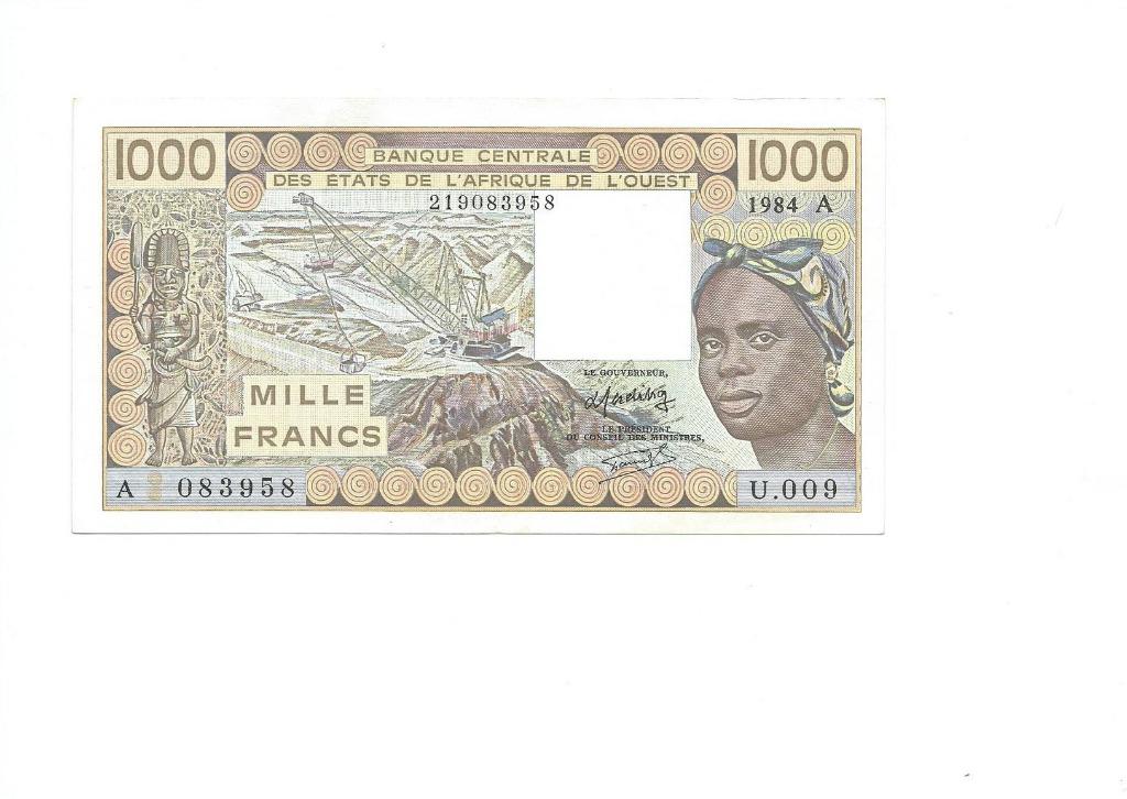 West-Afrik.-Staten, 1000 Francs 1984 A, UNC. (A=Ivoorkust)., Ophalen of Verzenden, Overige landen, Los biljet
