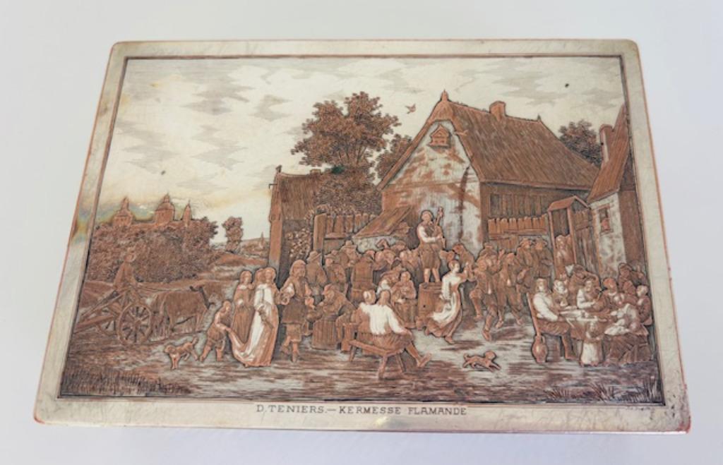 Oude ?zilveren metalen doos met fluweel bekleed, D. Teniers, Verzamelen, Blikken, Ophalen of Verzenden