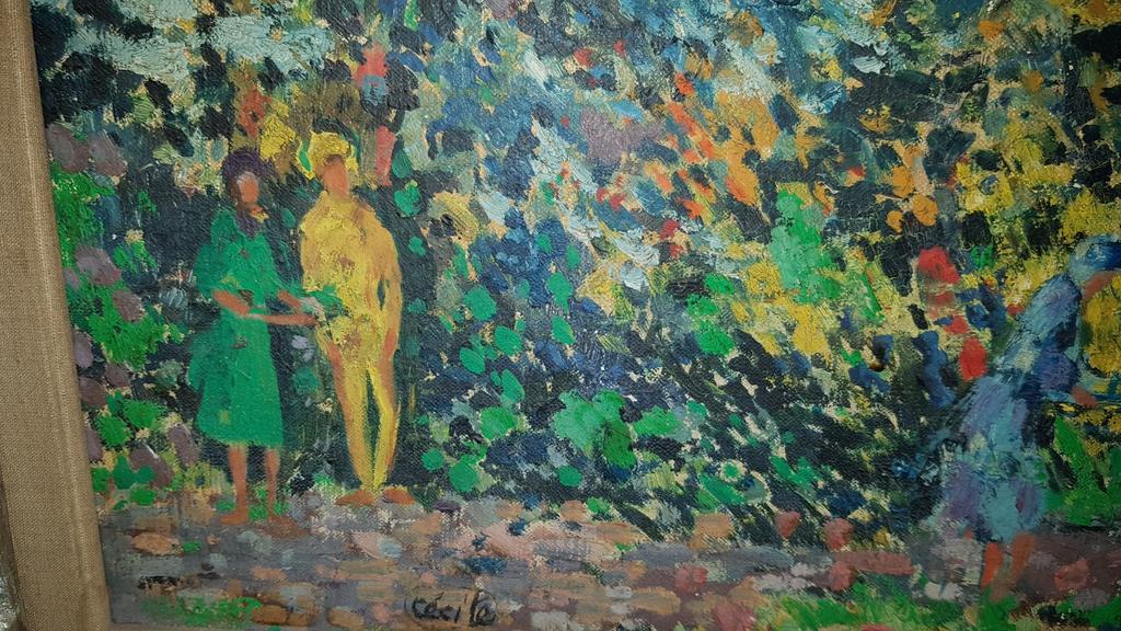 Tableau HST -Au jardin- signé CECILE *SAMAIN-DE COENE C.* (, Enlèvement ou Envoi