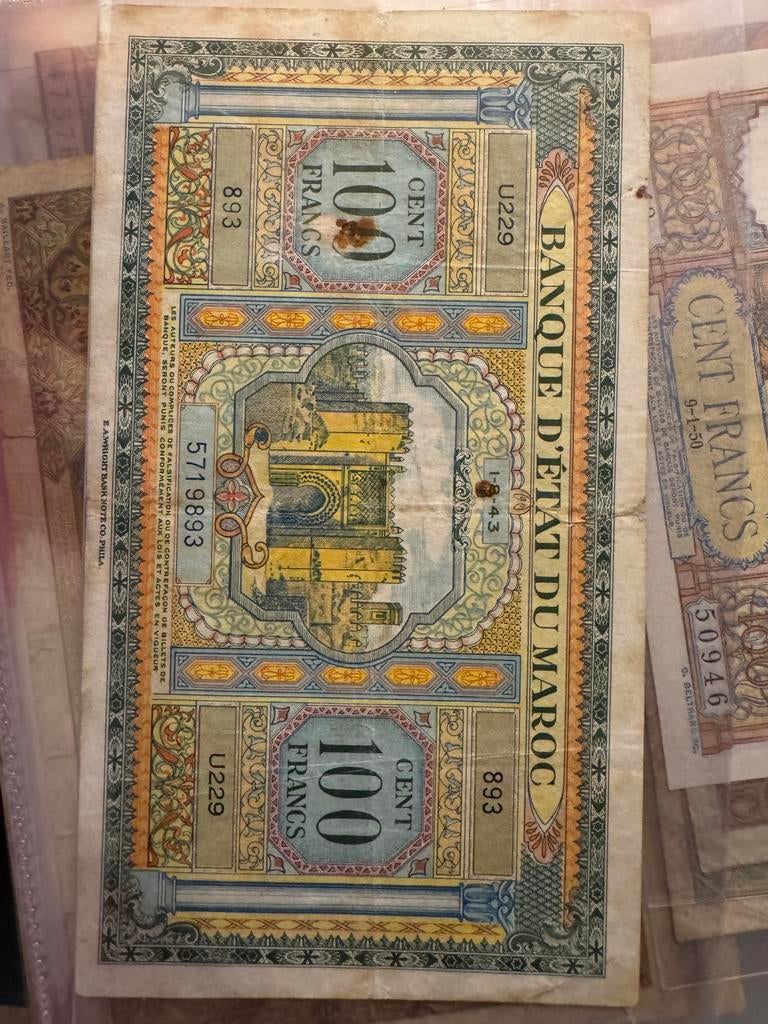 Billet de100 Francs 1943 maroc, Ophalen, Zo goed als nieuw