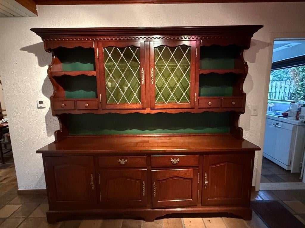 Grand vaisselier classique en bois massif avec vitraux, 25 à 50 cm, 200 cm ou plus, Cerisier, Enlèvement