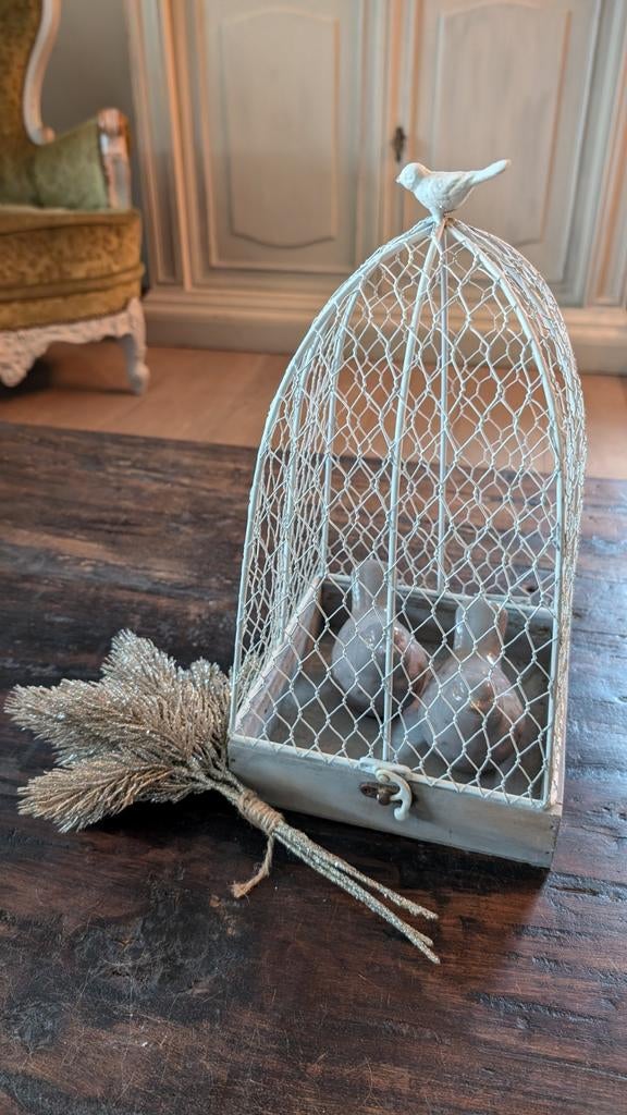 Landelijk kooitje met bijhorende vogeltjes, Huis en Inrichting, Woonaccessoires | Overige, Ophalen of Verzenden, Zo goed als nieuw