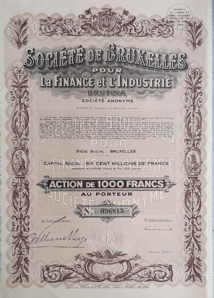 Société - BRUFINA - Bruxelles - action de 1000 francs - 1935, Timbres & Monnaies, Actions & Titres, Enlèvement ou Envoi, 1920 à 1950
