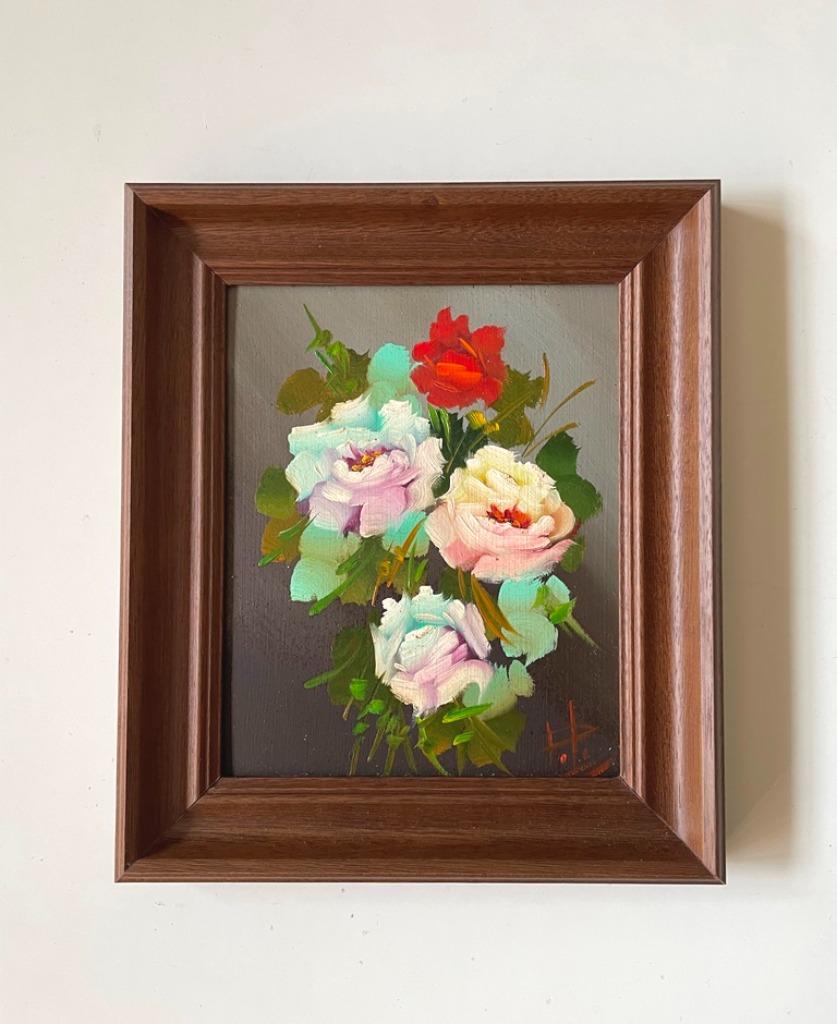 Peinture à l'huile : " Roses " ( 25 x 29 ) * Vintage 70s *, Moins de 50 cm, Enlèvement ou Envoi, Comme neuf, Création originale