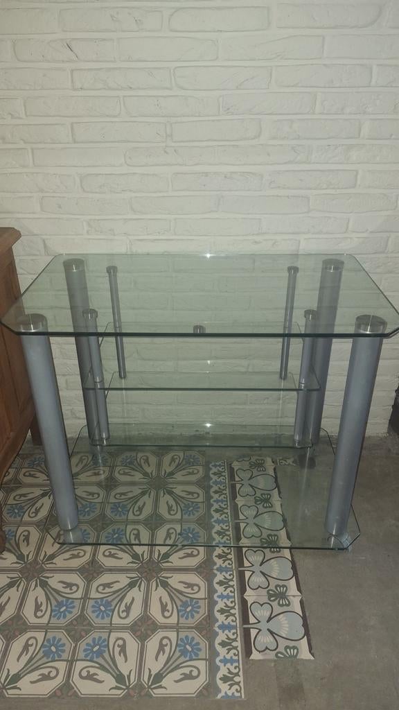 Tafel/tv meubel in glas op wieltjes, Ophalen, Zo goed als nieuw