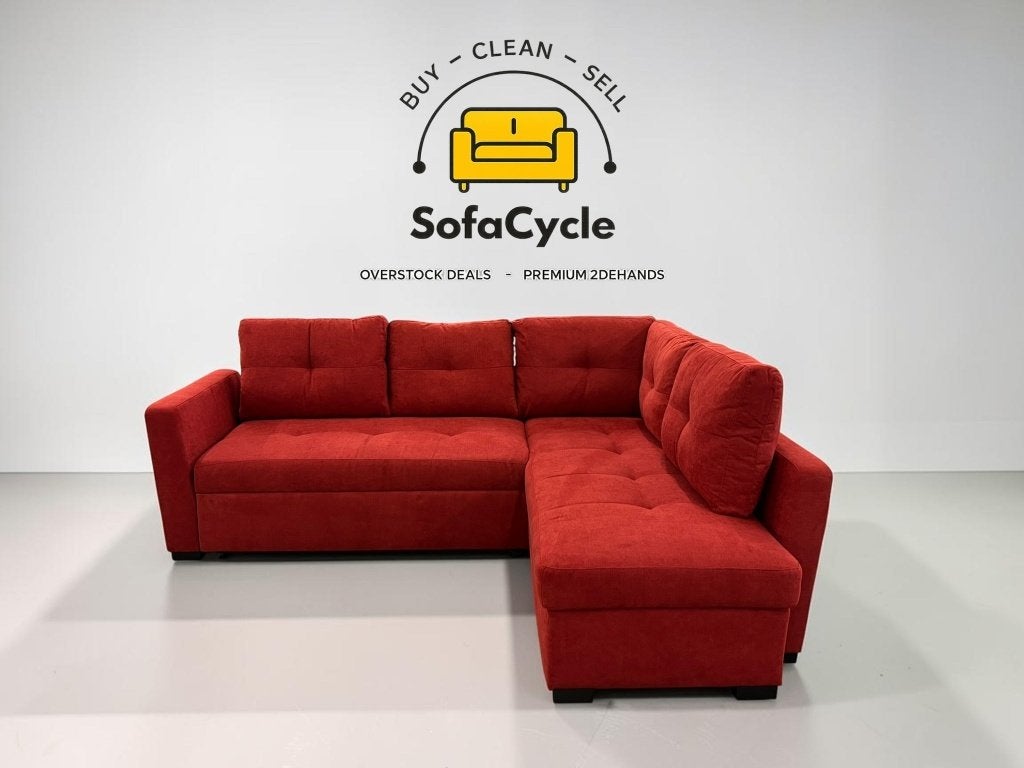 Ruime hoekzetel rood met slaapfunctie, hoek L/R, Nieuw, Stof, Zonnestraat 223-229, 9600 Ronse, België, Info@sofacycle.be