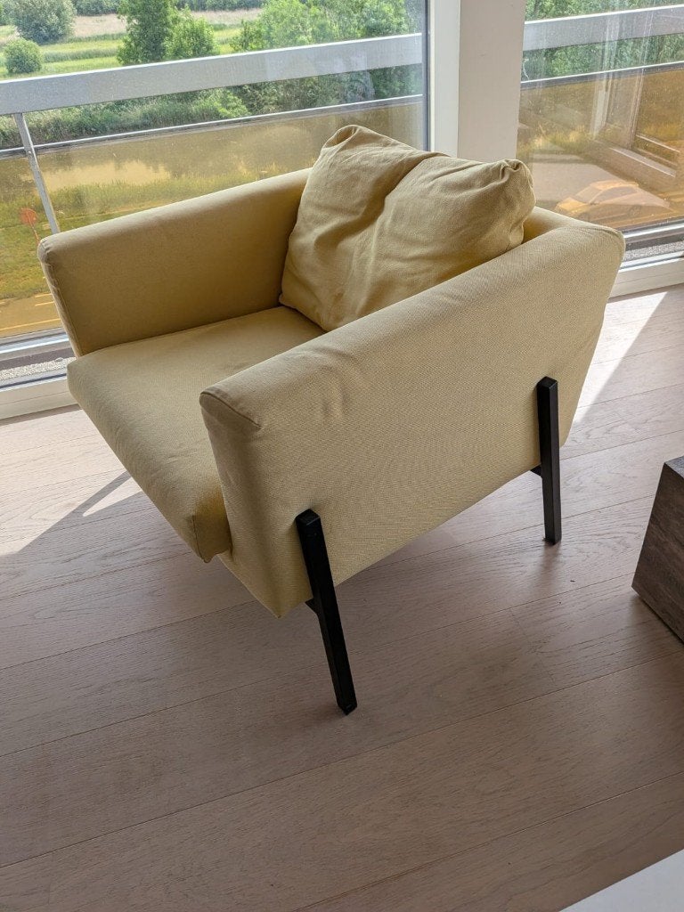 Gele IKEA KOARP fauteuil met kussen, Huis en Inrichting, Ophalen, Gebruikt, Minder dan 75 cm, Metaal