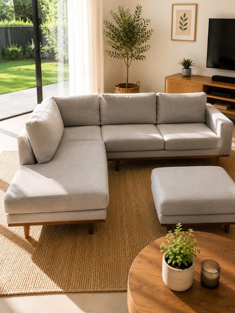Moderne hoekzetel met longchair + poef inbegrepen, Huis en Inrichting, Ophalen of Verzenden, Zo goed als nieuw, Stof