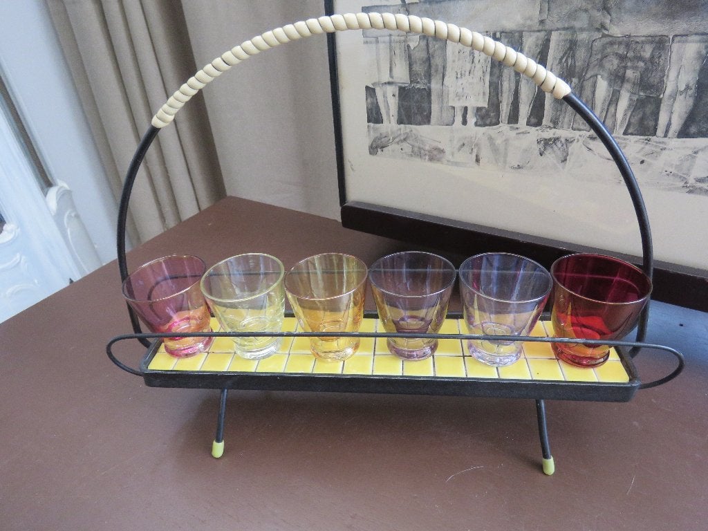 Vintage set van 6 borrelglaasjes met rek houder, Ophalen of Verzenden