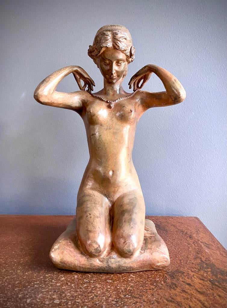 Sculpture en Bronze signé chenet Femme nue au collier, Antiquités & Art, Enlèvement ou Envoi, Bronze