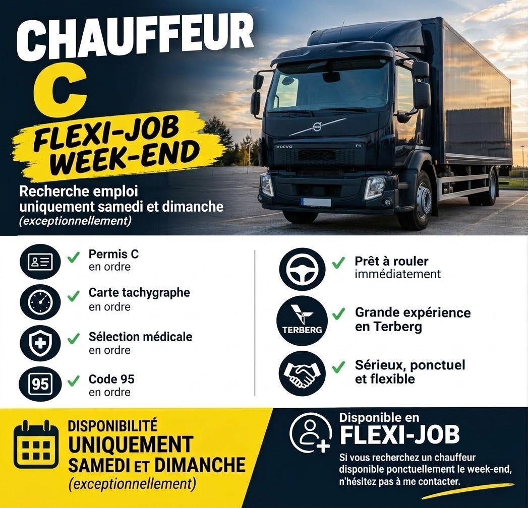 CHAUFFEUR C GEZOCHT?, 25 - 32 uur, Vanaf 10 jaar, Tijdelijk contract, Geschikt als bijbaan