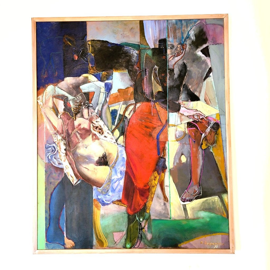 ✔️Alain Jacquemain - A l'écoute - HST 123x103cm, Enlèvement ou Envoi, Encadré, Peinture à l'huile