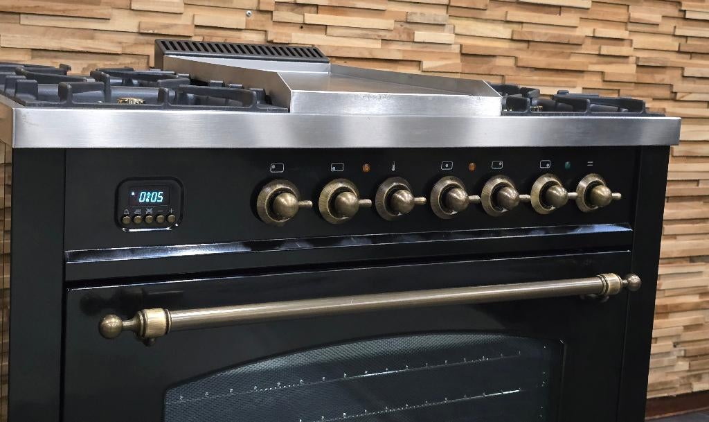 🔥Luxe Fornuis Boretti 90cm hoogglans zwart + oud koper, Ophalen, 60 cm of meer, Zo goed als nieuw, Gas