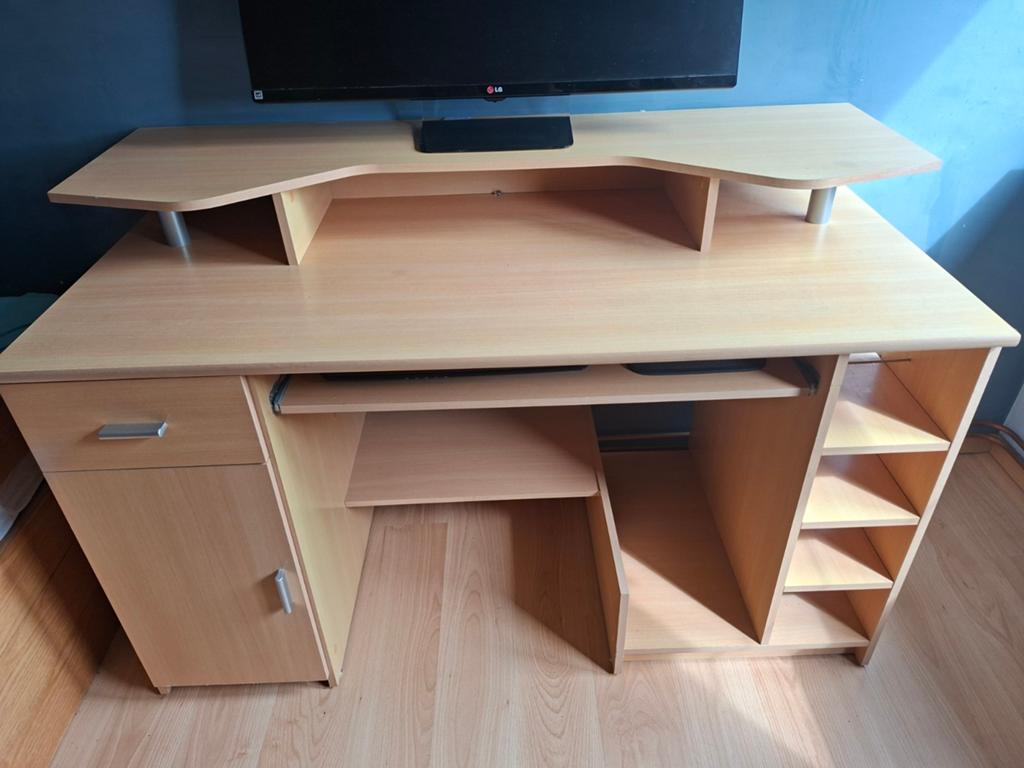 Bureau met lade, kastje, rekjes en verhoogstuk, Huis en Inrichting, Bureaus, Gebruikt, 65 cm, 138 cm, Ophalen