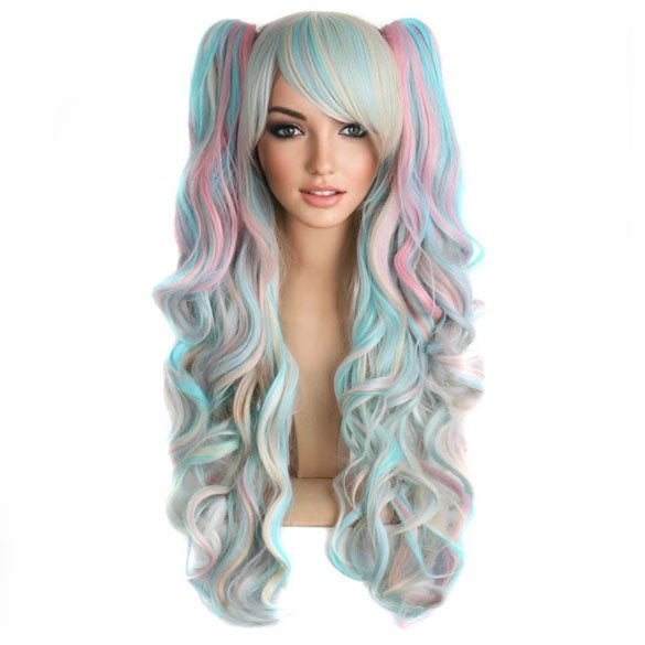Pastel multi-color pruik lang krullend haar + 2 staarten, Verzenden, Nieuw