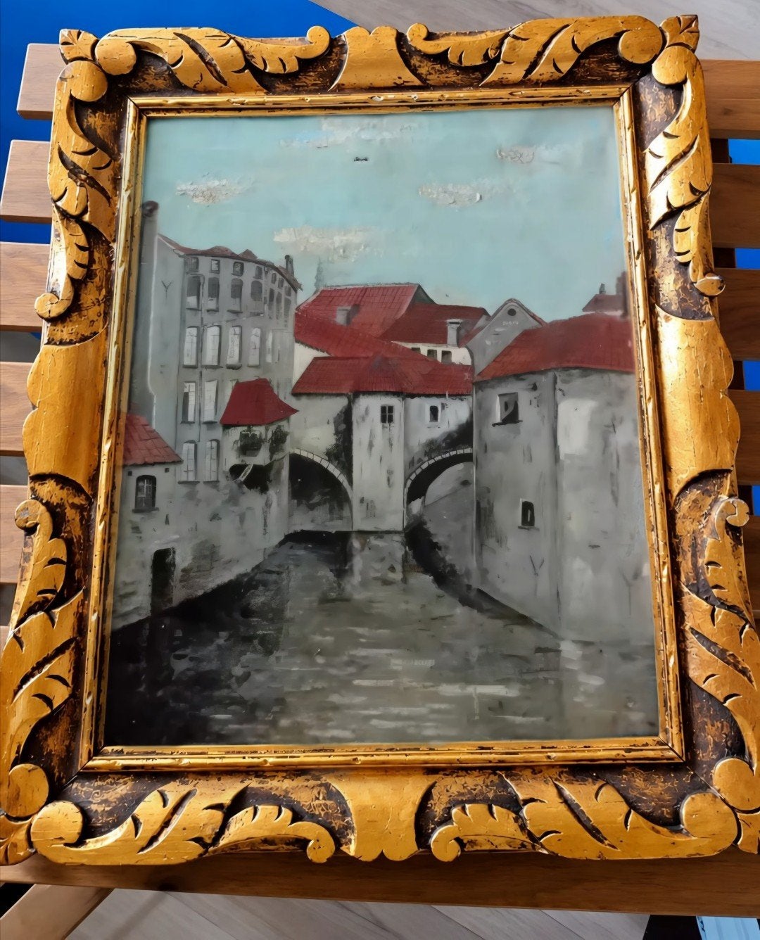 Paire de tableaux paysages urbains & magnifiques cadres doré, Antiquités & Art, Enlèvement, Classique