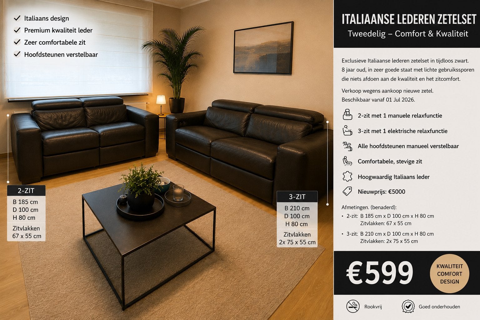 Italiaanse zwarte lederen zetels, Ophalen, Zo goed als nieuw, Leer, Italiaans