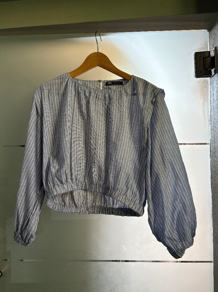 Chemise courte en lin rayée Zara à manches ballon, Taille 38/40 (M), Enlèvement ou Envoi, Zara, Comme neuf