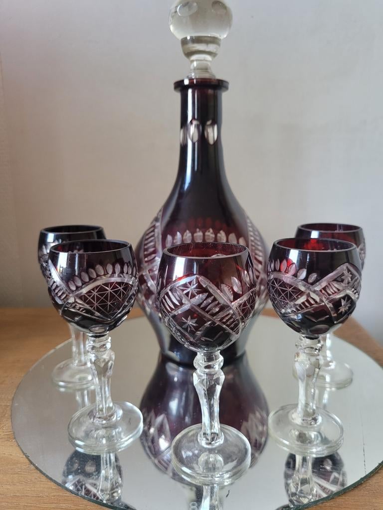 Service liqueur carafe+verres taillé/Roumanie/1970/vintage, Antiquités & Art, Antiquités | Verre & Cristal, Enlèvement ou Envoi