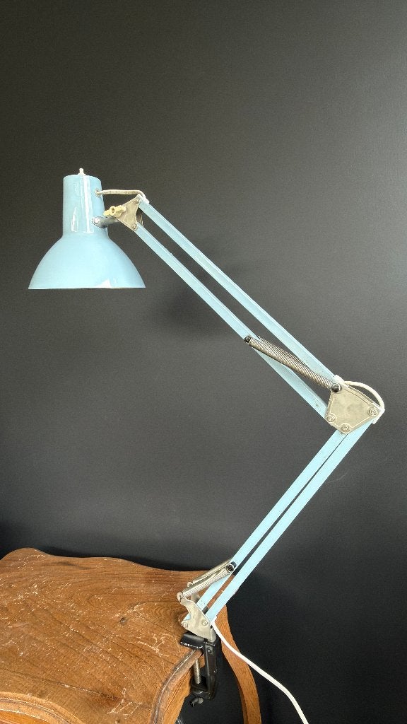 Vintage architectenlamp / bureaulamp lichtblauw retro design, Huis en Inrichting, Blauw, Bureaulamp, Metaal, Met kap