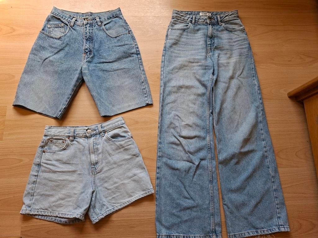 Jeans wide leg en short van Pull & bear maat 34 en bermuda, Ophalen, Blauw, Zo goed als nieuw, W27 (confectie 34) of kleiner